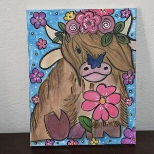 Whimsical Highland Cow with Butterfly & Flowers Original Mixed Media Canvas Art